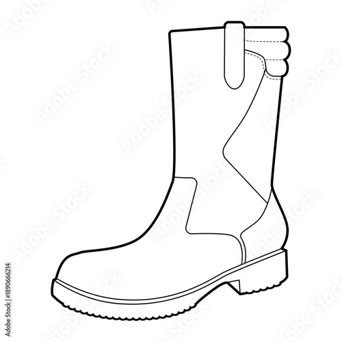 Harness utility boot women single line. Strap detail lug sole mid calf boot for camping festival wet weather wear. Technical fashion illustration CAD mockup clean vector man unisex isolated style.
