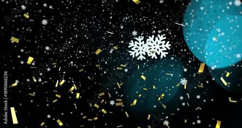 Gliding two stylized white snowflakes across black field, showing gold confetti and turquoise bokeh