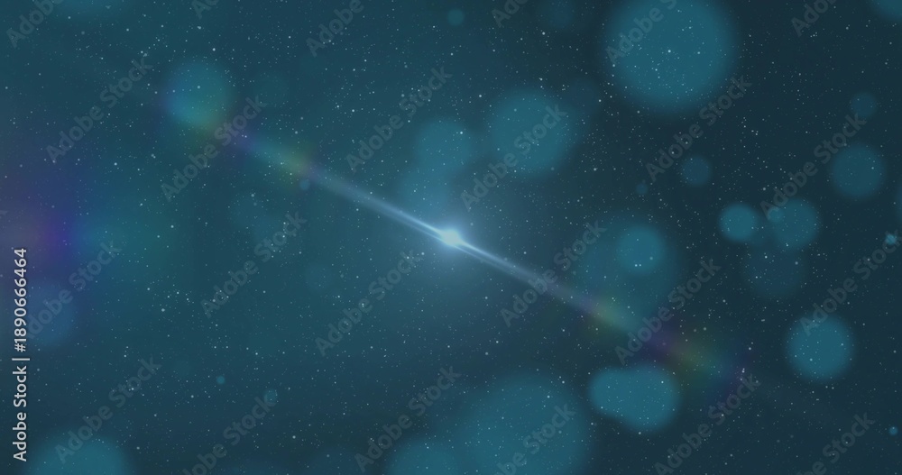 Obraz premium Glowing bright star emitting horizontal light beam across deep space, with lens flares and nebula