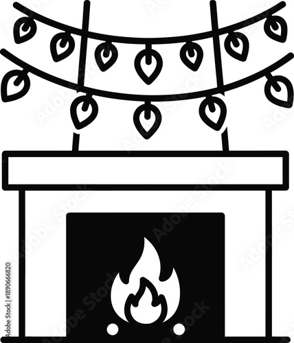 Black and white illustration of a fireplace with string lights on top