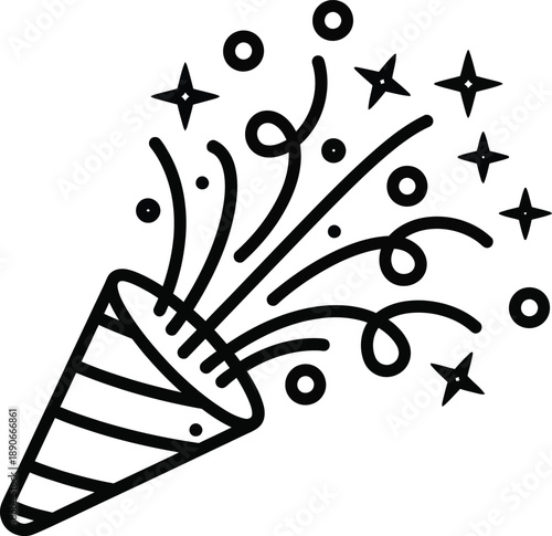 Black and white illustration of a party popper with stars and confetti