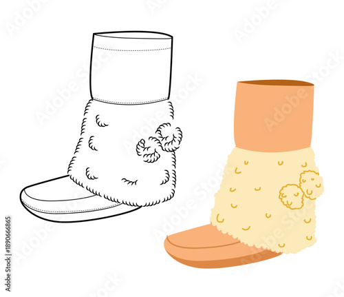 Cream pom-pom textured ankle boot women flat plus line set. Quilted surface with pom-pom trim for winter night cold. Technical fashion illustration CAD mockup mixed vector men unisex isolated style