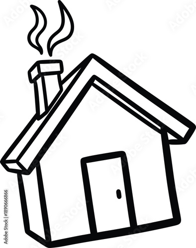 A simple line drawing of a house with smoke coming out of the chimney