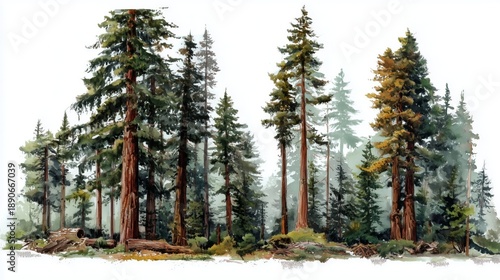 Watercolor of tall redwood trees.