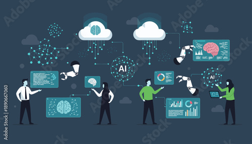 People interacting with artificial intelligence technology and data analysis.