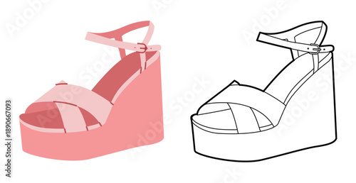 Pink platform wedge sandal women flat plus line set. Cross strap ankle buckle summer footwear for holiday. Technical fashion illustration, CAD mockup, mixed vector men unisex isolated stylish style.