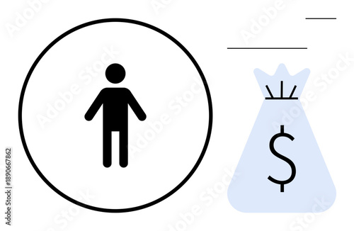Person inside circle paired with bag featuring dollar sign showcasing financial concepts thumbs up income, savings, business profit. Ideal for personal finance, wealth management, investments