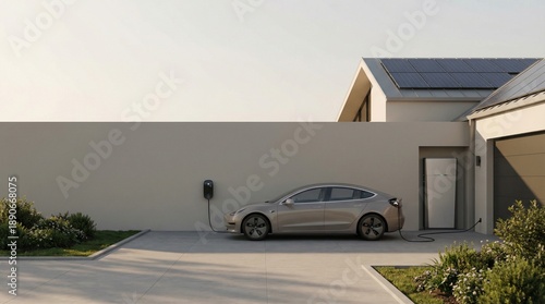 Electric Car Charging at Home with Rooftop Solar Panels, Clean Modern Driveway in Soft Morning Light with Copy Space