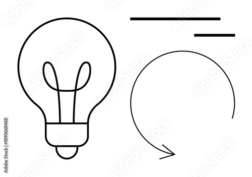 Innovation, creative ideas, process flow, brainstorming, energy efficiency, teamwork. Outline of a light bulb with arrow and lines. Innovation and creative ideas visualization concept