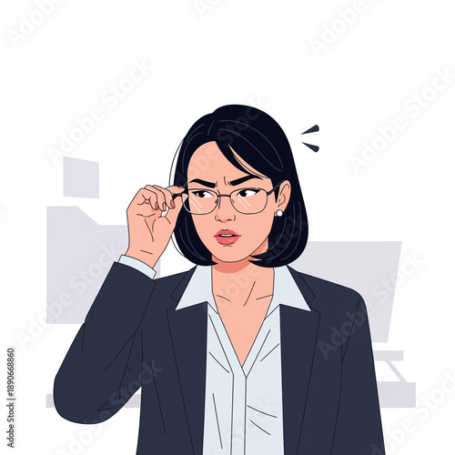 Businesswoman adjusting glasses, looking concerned or skeptical