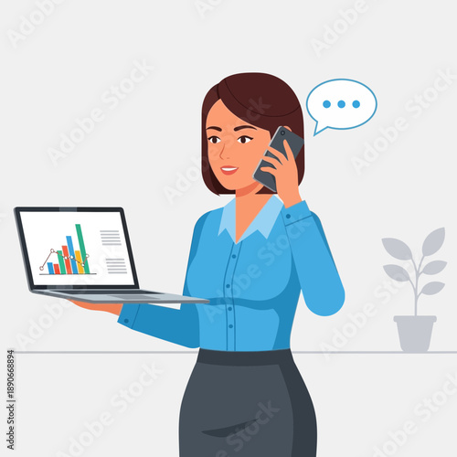 Businesswoman with laptop and phone, talking and showing chart