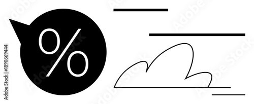 Financial trends, weather patterns, data analysis, forecasting, economy, meteorology. Black percent symbol with cloud and lines. Financial trends and weather patterns concept