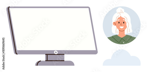 Online communication, remote work, cloud storage, digital identity, tech collaboration, virtual meetings. Monitor screen, portrait of a woman icon and cloud symbol. Online communication and remote