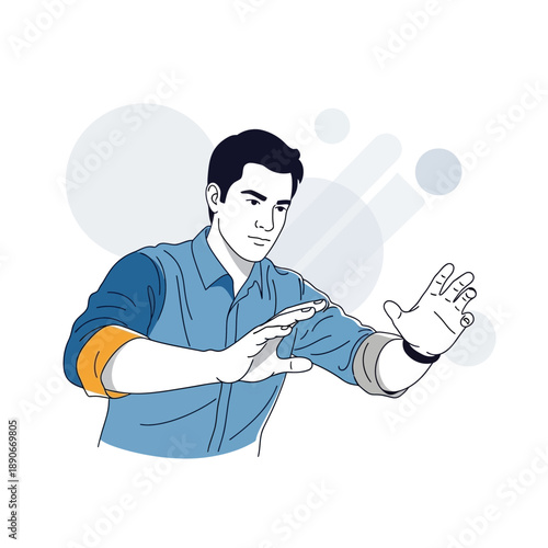 Man interacting with invisible interface, digital touch screen, abstract background