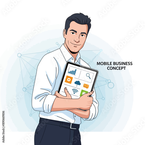 Man holding tablet with business app icons, mobile technology concept