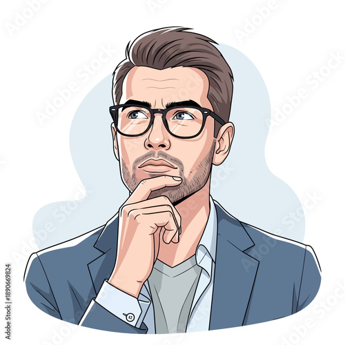 Man with glasses thinking, hand on chin, looking up, illustration