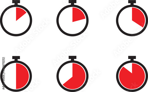 Stopwatch timing icon set vector illustration, clock alarm pictogram, countdown timer icons