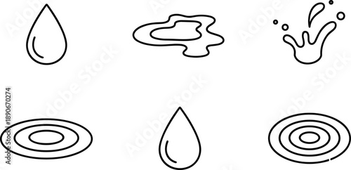 Collection of simple line art icons representing water drops, puddles, splashes, and ripples