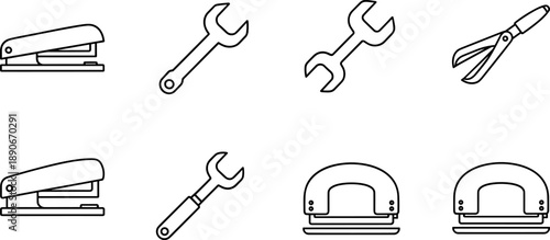 Collection of simple line art icons representing office and repair tools