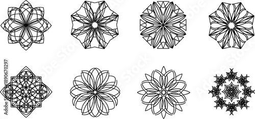 Collection of eight intricate black line art mandalas and geometric floral designs