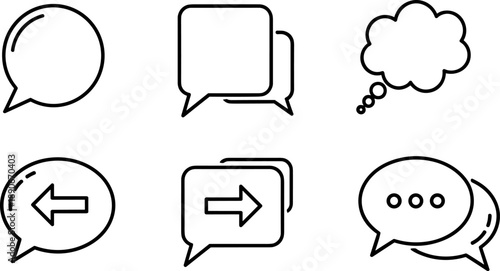 Collection of speech bubble and thought bubble icons with arrows and ellipses
