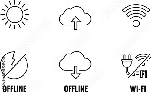 Set of six simple line icons representing online and offline status and connectivity
