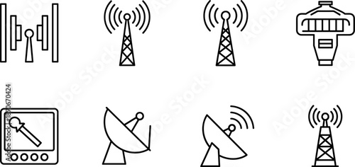 Collection of communication and broadcasting technology icons in a simple line art style