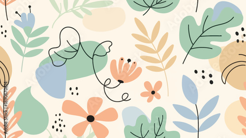 Abstract Floral and Leaf Pattern with Organic Shapes.