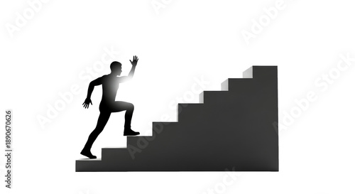 Ascending to Triumph: A silhouette of an individual climbs a flight of stairs toward a glowing destination, a powerful visual symbolizing ambition, progress, and relentless pursuit of goals.
