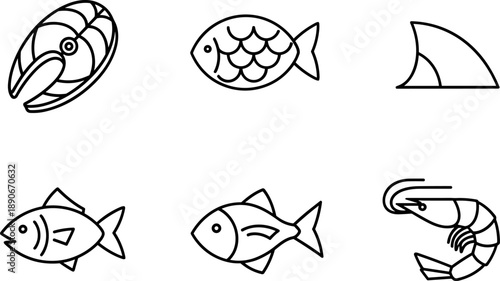 Collection of simple line art icons representing various seafood and fish types