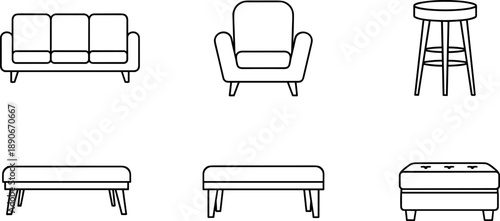 Collection of minimalist line art icons representing various furniture pieces for interior design