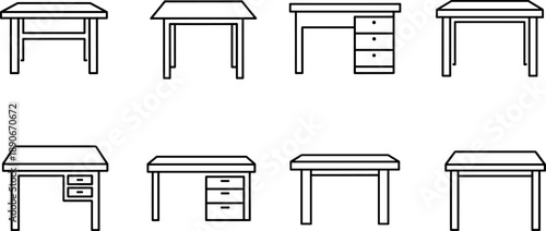 Collection of simple line art icons representing various desk styles and designs
