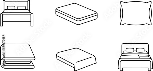 Collection of simple line art icons representing bedding and sleep essentials