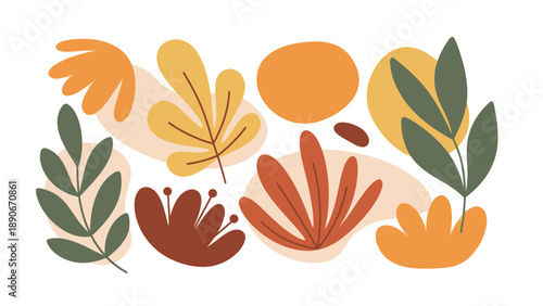 Abstract Organic Shapes and Botanical Elements in Warm Autumn Colors.