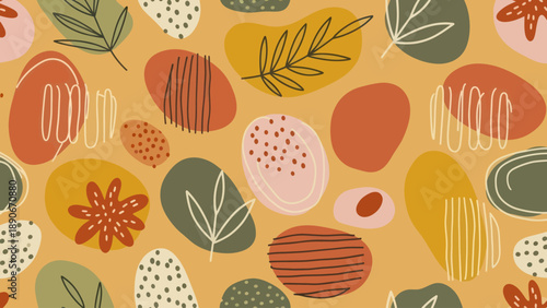 Abstract Organic Shapes and Botanical Elements Seamless Pattern.