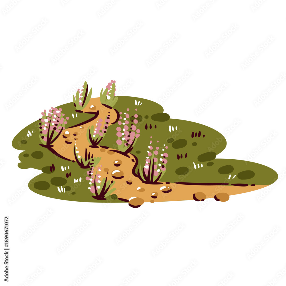 Obraz premium Dutch countryside field path with winding dirt road, grass hills, wild plants and flowers. Rural Netherlands countryside path element, cartoon design style. Vector illustration.