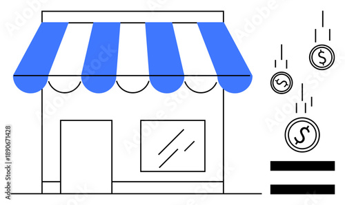 Small shop with blue-striped awning and glass window beside falling coins and equal sign. Ideal for business growth, retail sales, small business, revenue, investment, profit, and economy themes