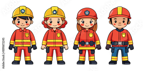 Vector flat illustration set of line art female and male firefighter officers in uniform poses