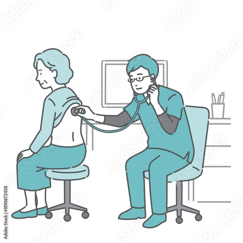 スクラブを着用した男性医師による高齢女性の背中の聴診イラスト