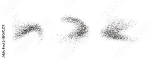 Black pepper powder splashes. Flying seasoning particles burst. Grey dust sand and dirt textured piles. Dry spices explosion. Salt and pepper flakes scattered on surface. Vector illustration