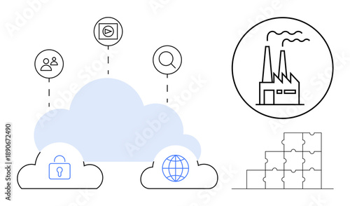 Cloud computing concept. Cloud computing promoting data security, connectivity, and industrial automation. Cloud computing illustrated with security, search, and global icons. For IT, technology