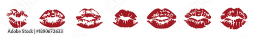 Set of elegant burgundy and dark red lipstick kiss prints. Sexy lip marks for Valentine's day, glamour branding, and beauty industry projects. Romantic and feminine cosmetic stamps. 