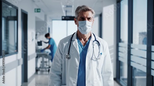 Mature male doctor wearing face mask and lab coat with stethoscope in modern hospital corridor, serious expression, medical professional, medical care, contemporary setting.