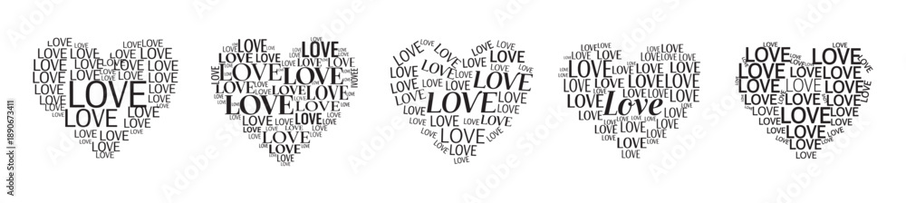 Obraz premium Black and white word cloud design in heart shapes composed entirely of the word 