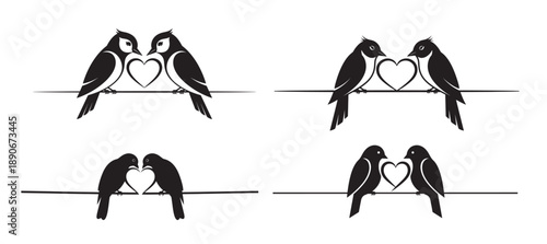 Silhouettes of bird couples perched on wires facing each other with a heart shape formed between their beaks in four different styles, symbolizing romance, affection, and emotional bonding. 
