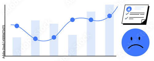 Graph with decreasing trendlines and bars, sad face symbolizing negative results, document showing evaluation. Ideal for data analysis, finance, business performance, metrics evaluation, failure