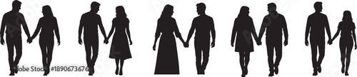 Silhouettes of couples walking hand in hand in various outfits and poses, representing unity, affection, and romantic connection in minimalist black and white vector style. 
