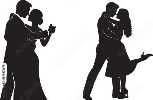 Silhouettes of romantic couples dancing in elegant and passionate poses, capturing graceful movement and emotional connection through black and white vector illustration. 