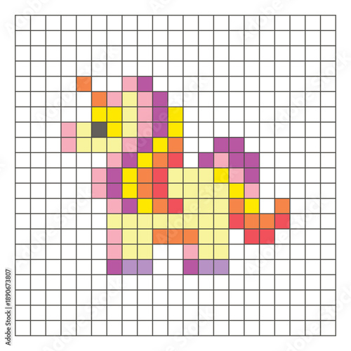 A flat pixel design made of geometric square color blocks on a clean grid layout. Pixel art fantasy pony