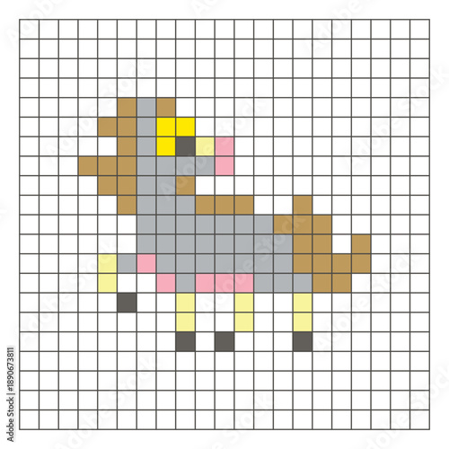 A flat pixel design made of geometric square color blocks on a clean grid layout. Pixel art horse